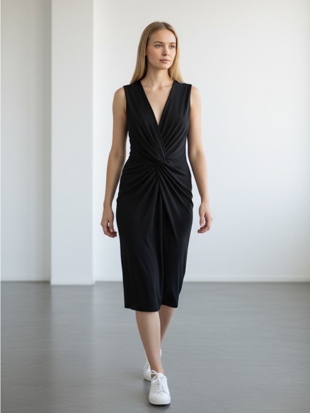 Norma Kamali Black Twist-Knot V-Neck Midi Dress